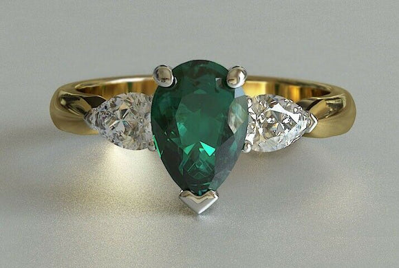 2ct Pear Cut Green Emerald Engagement Ring Diamond Trilogy 14k Yellow Gold Over