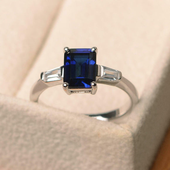 2ct Emerald Cut Blue Sapphire Engagement Ring Three Stone 14k White Gold Finish