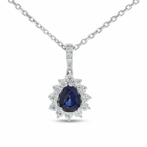 2ct Blue Sapphire Pendant Chain Pear Cut Diamond Floral Halo 14k White Gold Over