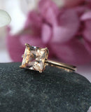 1ct Princess Cut Peach Morganite Solitaire Engagement Ring 14k Rose Gold Finish