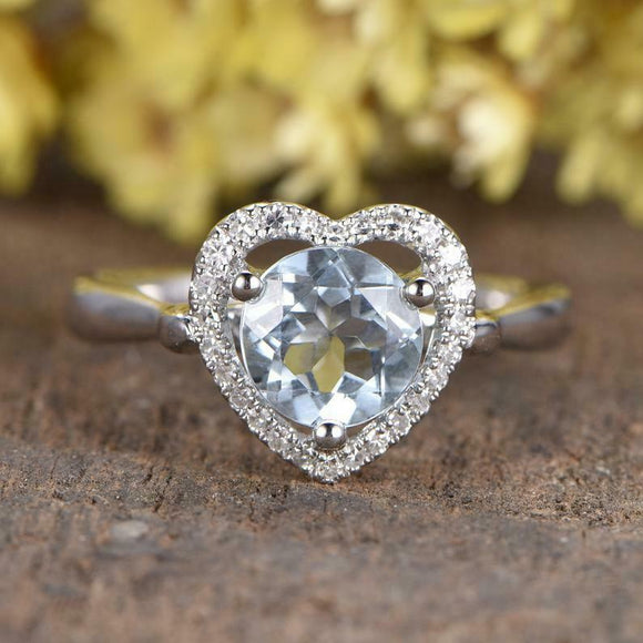 2ct Round Cut Aquamarine Engagement Ring Heart Shape Halo 14k White Gold Finish