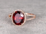 2.5ct Oval Cut Red Garnet Engagement Ring Halo Split Shank 14k Rose Gold Finish