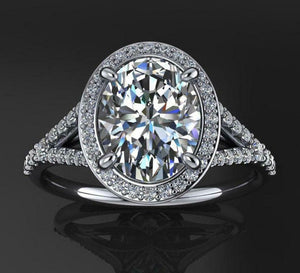 Halo Split Shank Engagement Ring 2.1ct Oval Cut Diamond 14k White Gold Finish