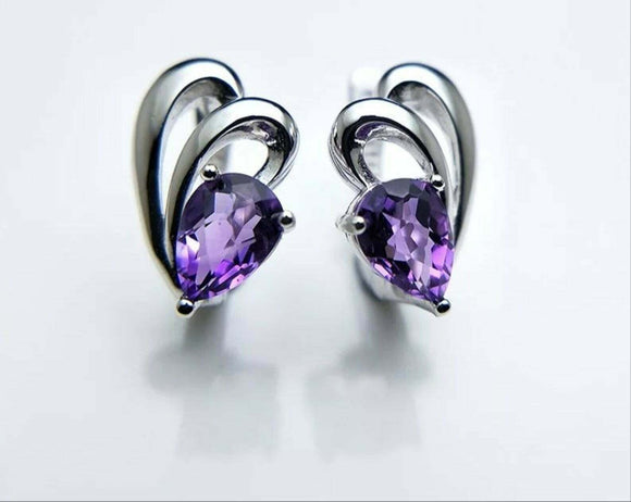 2ct Stud Earrings Pear Cut Purple Amethyst Split Design 14k White Gold Finish