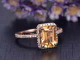 2ct Emerald Cut Yellow Citrine Engagement Ring Halo Solitaire 14k Rose Gold Over