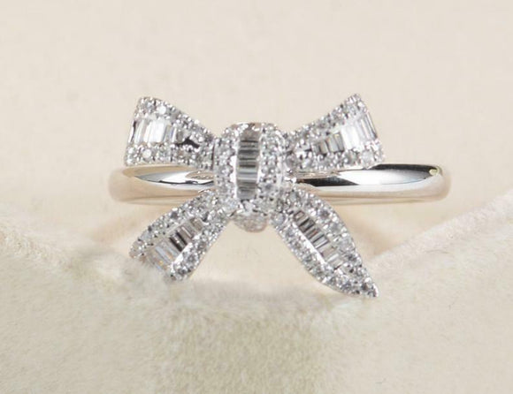 Bow Knot Ribbon Engagement Ring 2.2ct Baguette Cut Diamond 14k White Gold Finish