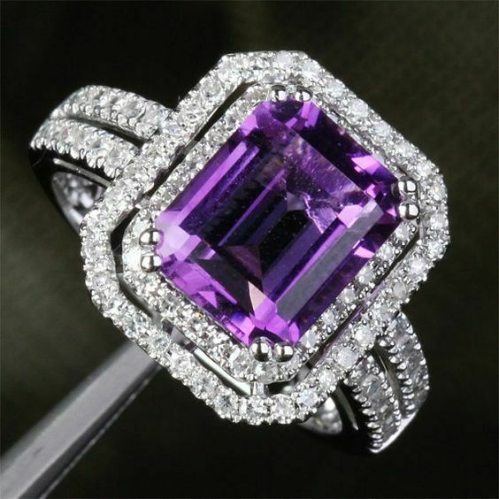 5Ct Emerald Cut Purple Amethyst Dual Halo Engagement Ring 14K White Gold Finish