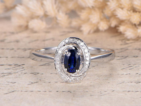 1.5ct Oval Blue Sapphire Engagement Ring 14k White Gold Finish Floral Solitaire