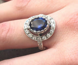 2.7ct Oval Cut Blue Sapphire Vintage Inspired Halo Ring 14k White Gold Finish