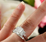 4ct Emerald Cut Diamond Bridal Set Trilogy Engagement Ring 14k White Gold Finish