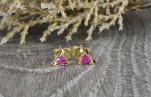 1.6ct Trillion Cut Pink Sapphire Solitaire Stud Earrings 14k Yellow Gold Finish