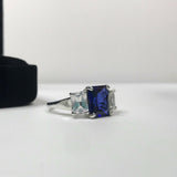 2.5ct Emerald Cut Blue Sapphire Trilogy Engagement Ring 14k White Gold Finish