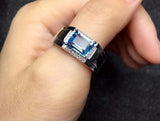 2.1ct Emerald Cut Blue Topaz Solitaire Engagement Men Ring 14k White Gold Finish