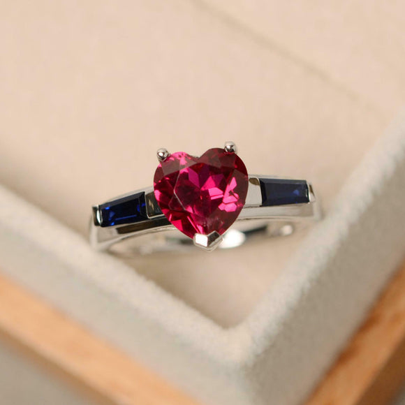 1.65ct Engagement Ring Heart Cut Pink Ruby Trilogy 14k White Gold Finish