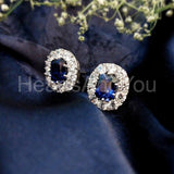 2ct Cushion Cut Simulated Blue Sapphire Halo Stud Earrings 14k White Gold Plated