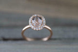 1.7ct Oval Cut Peach Morganite Engagement Ring 14k Rose Gold Over Halo Solitaire