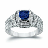 4Ct Princess Cut Blue Sapphire Diamond Accents Halo Ring 14K White Gold Finish