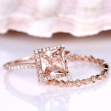 2ct Princess Peach Morganite Halo Bridal Set Engagement Ring 18k RoseGold Finish