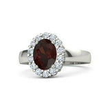 3Ct Oval Cut Red Garnet Diamond Halo Women Engagement Ring 14K White Gold Finish