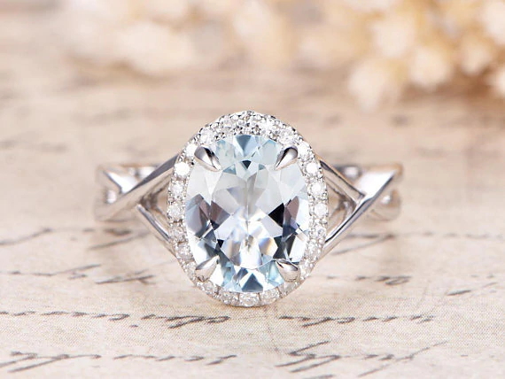 1.4ct Oval Cut Blue Aquamarine Engagement Ring Split Shank 14k White Gold Finish