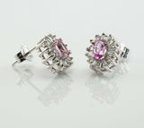 1.5ct Oval Cut Pink Sapphire Baguette Halo Stud Earrings 14k White Gold Finish