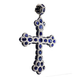 6Ct Oval Cut Blue Sapphire Diamond Halo Iced Cross Pendant 14K White Gold Finish