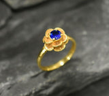 1ct Engagement Ring Round Cut Blue Sapphire Flower Solitaire 14k YellowGold Over