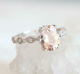 1.5ct Oval Cut Morganite Engagement Ring Diamond Accents 14k White Gold Finish