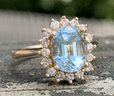 4ct Engagement Ring Oval Cut Blue Aquamarine Diamond Halo 14k Yellow Gold Finish