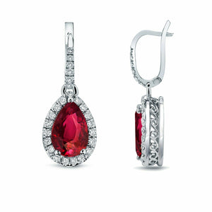 2Ct Pear Cut Pink Ruby Diamond Filigree Halo Drop Earrings 14K White Gold Finish