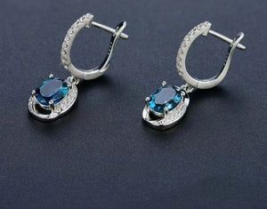 1.7ct Oval Cut London Blue Topaz Halo Drop Dangle Earrings 14k White Gold Finish