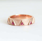 0.5ct Trillion Cut Pink Ruby Wedding Band Ring 14k Rose Gold Over Triangle Crown