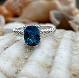 2.5ct Cushion Cut London Blue Topaz Braided Solitaire Ring 14k White Gold Finish