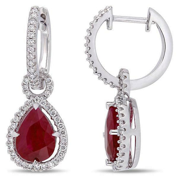 5Ct Pear Cut Pink Ruby Diamond Halo Elegant Drop Earrings 14K White Gold Finish