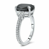 4Ct Elongated Cushion Black Diamond Accents Solitaire Ring 14K White Gold Finish