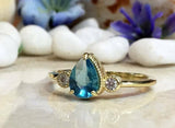 1.4ct Engagement Ring Pear Cut Blue Topaz Trilogy Minimalist 14k YellowGold Over