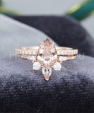 2ct Pear Cut Simulated Morganite Curved Crown Bridal Set 14k Rose Gold Plated