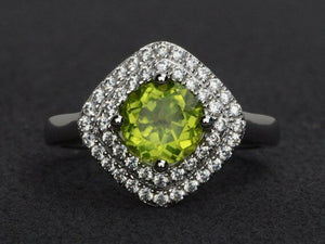 2.5ct Round Cut Green Peridot Engagement Ring 14k White Gold Finish Double Halo