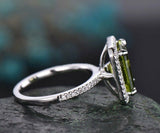 3Ct Emerald Cut Green Peridot Halo Solitaire Engagement Ring 18K White Gold Over