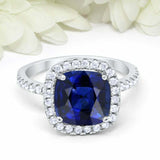 2.75ct Cushion Cut Blue Sapphire Diamond Accent Halo Ring 14k White Gold Finish