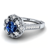 2ct Round Cut Blue Sapphire Engagement Ring 14k White Gold Over Antique Milgrain