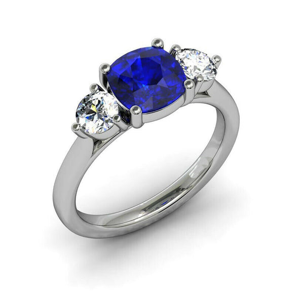 1.5ct Cushion Blue Sapphire Engagement Ring Diamond Trilogy 14k White Gold Over