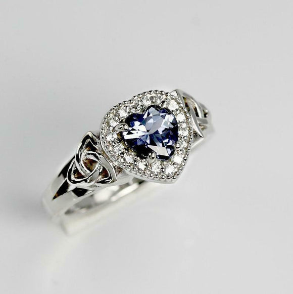 1ct Heart Blue Tanzanite Engagement Ring Halo Celtic Trinity 14k White Gold Over