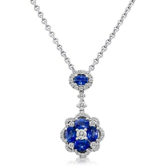 2ct Oval Cut Blue Sapphire Cluster Floral Pendant with Chain 14k White Gold Over