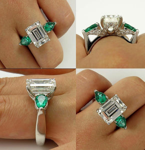 3.5Ct Emerald Cut Diamond Green Pear Accents Solitaire Ring 14K White Gold Over