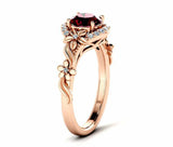 2ct Round Cut Red Garnet Floral Stylish Solitaire Accent Ring 14k Rose Gold Over