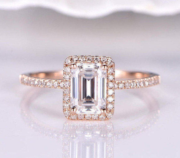 Accents Solitaire Engagement Ring 1.3ct Emerald Cut Diamond 14k Rose Gold Finish