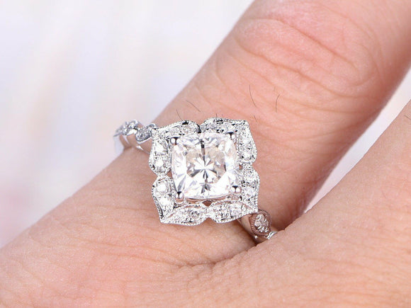 Vintage Floral Engagement Ring 1.6ct Cushion Cut Diamond 14k White Gold Finish