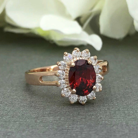 1.9ct Oval Cut Red Garnet Floral Solitaire Engagement Ring 14k Rose Gold Finish