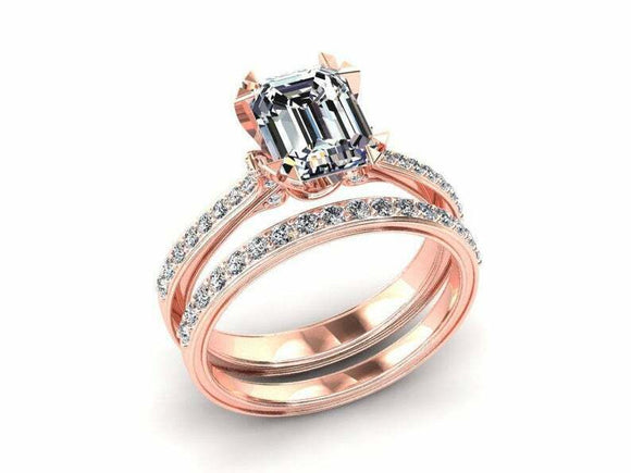 2.3ct Emerald Diamond Solitaire with Accent Bridal Set Ring 14k Rose Gold Finish